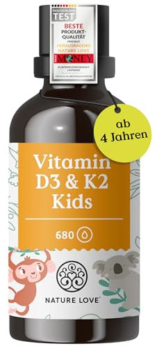 NATURE LOVE® Vitamin D3 + K2 Kinder (20ml) - 800 I.E. Vitamin D3 pro Tagesdosis- hoch bioverfügbar & laborgeprüft - in MCT-Öl - optimal dosiert für kids