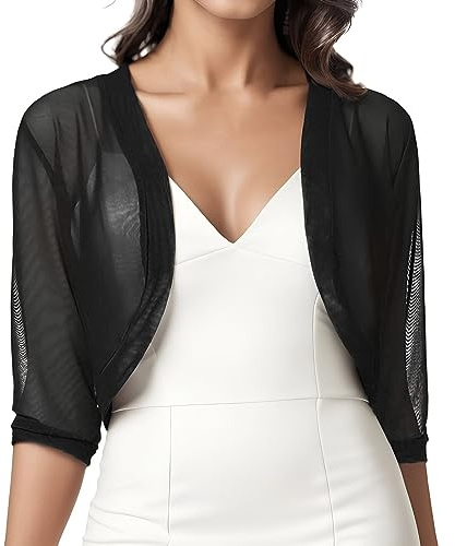 MODSGUE Bolero da donna a maniche corte, aperto, in rete trasparente, in tulle satinato, boleros in pizzo con fiori, colletto alto ed elegante Shrug, Nero , M