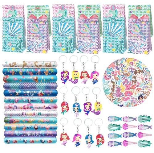 98 Stück Meerjungfrau Party Mitgebsel Kindergeburtstag,Meerjungfrau Geburtstag Deko Mit 12 Geschenktasche+12 Armband +12 Schlüsselanhänger+12 Haarspangen+50 Gesichtstauschaufkleber