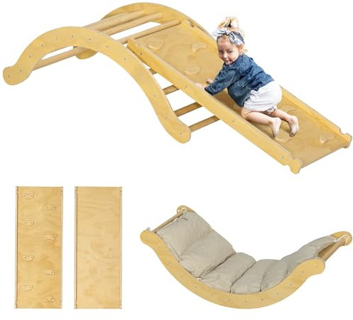 AIYAPLAY 4-in-1 Montessori Klettergerüst Indoor Holz Kletterdreieck mit Kletterbogen, Rutsche & Matte Indoor Spielplatz für Kleinkinder und Kinder 1,5-4 Jahre, Naturholz