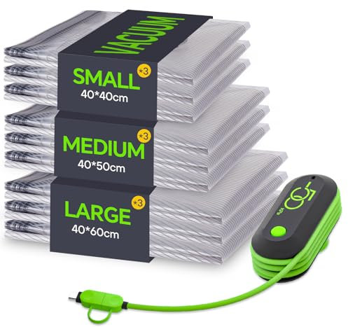 Vacbird Vacuum Storage Bags, 9 Pack Reusable Space Saver Bags with Electric Air Pump, Double Zip and Airtight Valve for Travel and Home