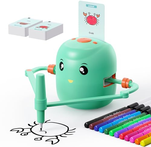 Drawing Robot for Kids,Montessori Educational Painting Toy for 5+ with Voice Interaction&16 Color Pens,Magic Drawing Robot with 100 Learning Word Cards,Ideal Gift for 5+ Year Old Boys Girls (Green)