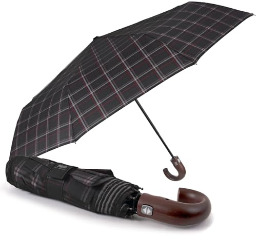 PERLETTI Paraguas Antiviento Hombre Plegable Abre y Cierra Automático - Paraguas Compacto Mango Curvado Madera Estampado Escocés - Paraguas Resistente Ligero - Diámetro 104 cm (Tartán Negro y Rojo)