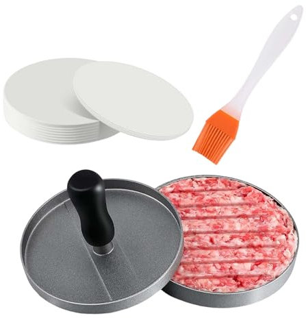 Burger Press Patty Maker, Burger Maker with 100 Wax Paper, a Silicone Brush, Non-Stick Burger Maker, Burger Smasher for Pancake BBQ Baking