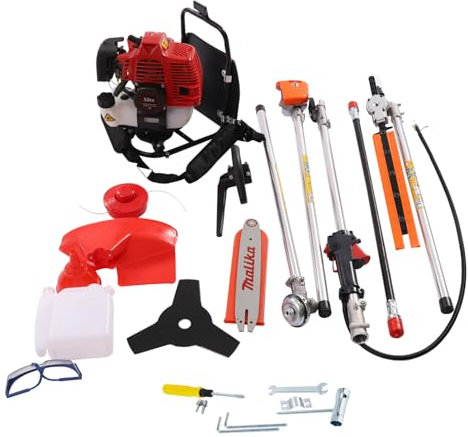 Débroussailleuse à essence 52 cc 2,3 HP 2 temps 4 en 1 Tondeuse à gazon refroidie par air 1 cylindre Tondeuse à gazon Sac à dos Débroussailleuse à essence Taille-haie multifonction avec jeu d'outils
