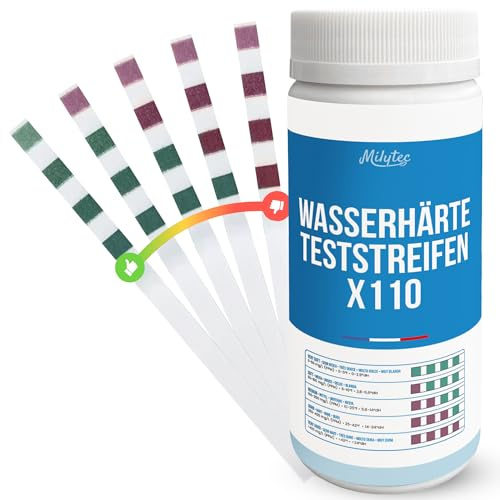 MILYTEC 110 TH-testremsor för dricksvatten - kalksten vattenhårdhetsanalys kit - TH mjukgörare, akvarium, pool - enkel mätning med exakta tungor - °f (FR), °dH (DE), ppm