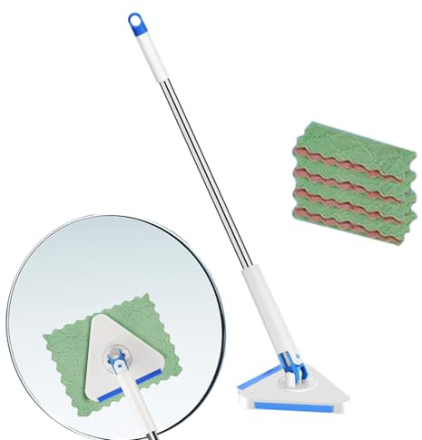 XUQEAYWD Mopa de pared para limpiar paredes - 360 grados giratorio triangular mopa húmeda y seca con 4 paños de microfibra, mango telescópico de 120 cm, limpiador multifunción para azulejos y suelos