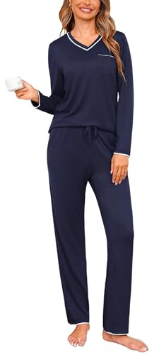 Demegimi Pyjama Femme Hiver Manches Longues Col V Confortable Coton Ensemble Vêtements de Nuit