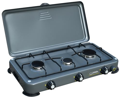 SOLEILUX Fornello a Gas Da Campeggio 3 Fuochi con Accensione Piezo e Bruciatori in Ghisa Rimovibili GAS GPL/METANO