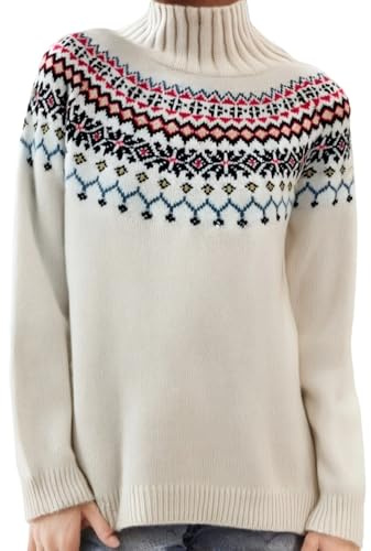 Pull pour femme avec motif géométrique - Pull en tricot de style norvégien avec col rond - Pull d'automne avec motif jacquard discret, Style_f03 Beige, L