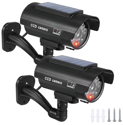 BORDEAG Lot de 2 Camera Factice Exterieur, 135 X 60mm Camera Factice, Caméra Fausse Solaire, Fausse Camera Surveillance Exterieur avec LED Clignotante pour L'intérieur et L'extérieur Noir
