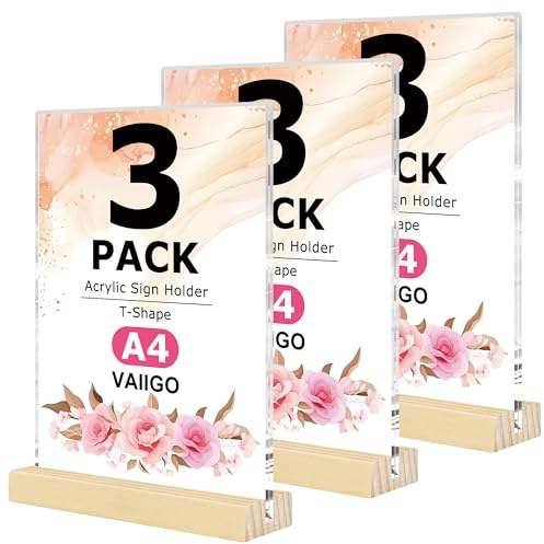 VAIIGO A4 Akrylskylthållare 3-pack affisch-/menyhållare med träbas, klar perspex-displayställ för bord, T-formad broschyr-/dokumenthållare för restaurang, café, hotell, bar, kontor, hem, butik