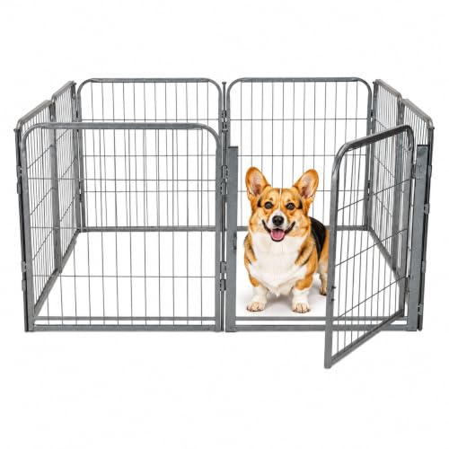 Kozy Kennels Outdoor Dog Playpen - 24 inch, 8 Panels for Small and Puppy Size Dogs - Portable Heavy Duty Metal Pet Fence with Grey Anti-Rust Coating - Exercise Play Pen for RV, Camping, and Yard