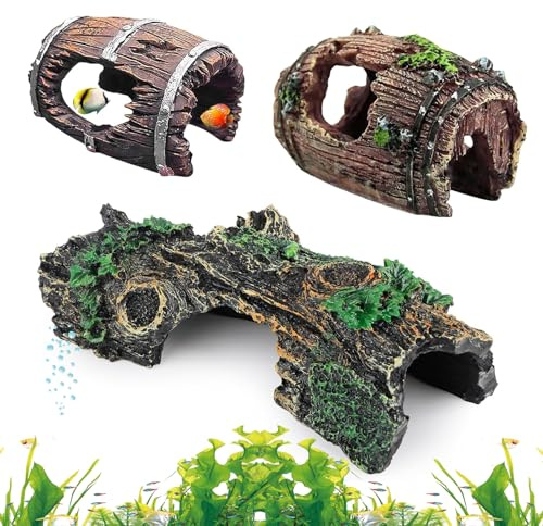 Gansdnek 3 Piezas Decoracion Acuario, Adorno para Acuario de Cueva Tronco Decorativa, Realista Adornos Pecera, para Animales Acuáticos Pequeños y Medianos