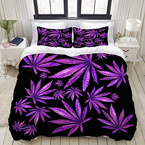 TONKSHA Bettwäsche-Set,Mikrofaser,Lila Marihuana Cannabis Blatt drucken,1 Bettbezug 135x200 + 2 Kopfkissenbezug