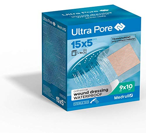 Medrull - Waterproof Wound Dressing Pads, Transparent Sterile Plasters 9x10cm Ultra Pore Pack of 75, Size of Pad 5x5cm Sterile Waterproof Absorbent Dressing, Solvent Free Adhesive for Gentle Fixation