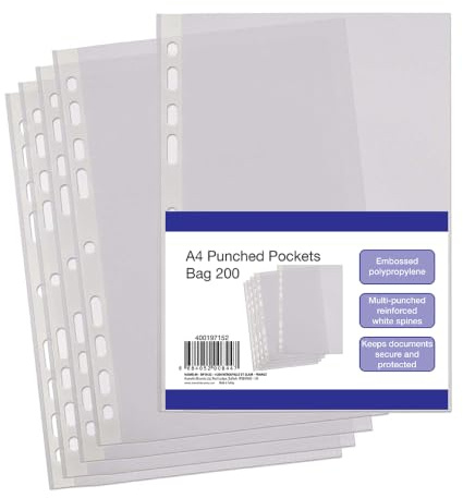 SUMMIT Punched Pockets, Clear A4 Plastic Sleeves, Reinforced Spine, Multi-Hole for Ring Binders, Pack of 200