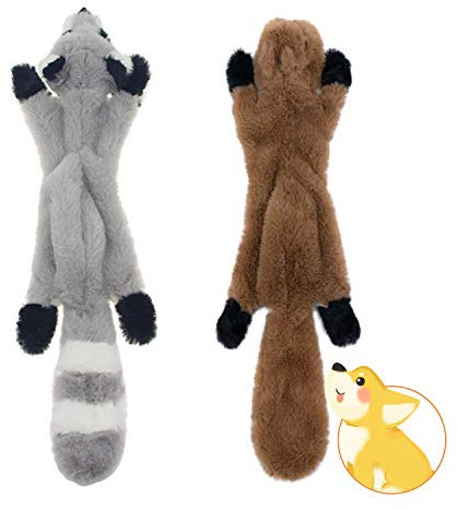 Hotype Quietschende Spielzeug für Hund, 2 Stück Hundespielzeug ohne Füllung, Welpenspielzeug Hundekuscheltier Plüschspielzeug, Sicher Kauspielzeug für Kleine Mittel Hunde — Eichhörnchen Waschbär