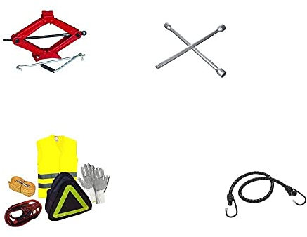 KIT ASSISTENZA SOCCORSO MOTO KIT PER AUTO EMERGENZA STRADALE CRIC+GUANTI+CAVI BATTERIA+CORDA TRAINO+GIUBBOTTO FLUO+CHIAVE A CROCE PRODOTTI SOS PER TUTTI I VEICOLI
