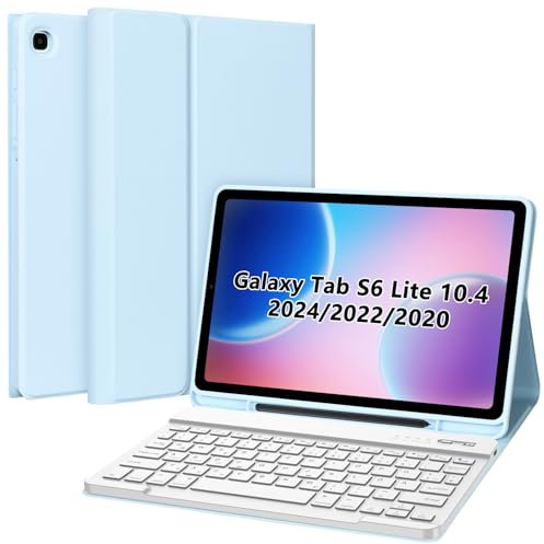 Tastatur Hülle Kompatibel mit Samsung Tab S6 Lite 10.4 Zoll 2024/2022/2020 (SM-P620/P25/P613/P619/P610/P615), Schutzhülle mit Stifthalter und Magnetische Bluetooth Abnehmbare Deutsche Tastatur (Blau)