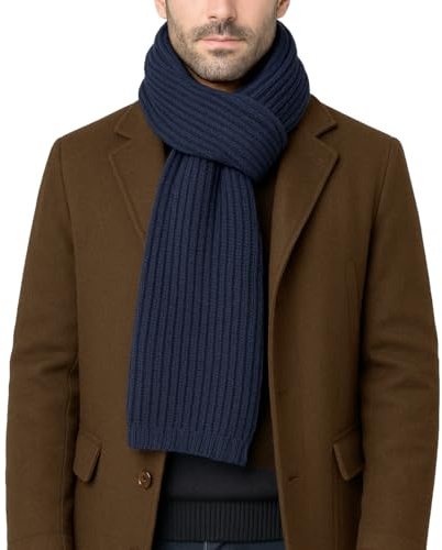 CLASSE77 - Sciarpa lavorata a maglia in lana - Stile maglia inglese a coste - Unisex - Artigianale, Made in Italy (Blu)
