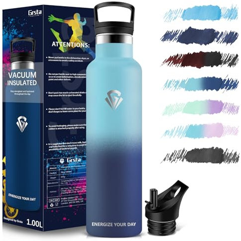 Grsta Botella Agua Acero Inoxidable - 1L - Botella Termica - Cantimplora Termica - Sin BPA - Botella agua Gimnasio para Deportiva, Gym, Escuela