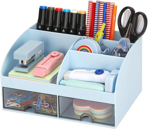 KAHEIGN Organizzatore da Scrivania con 2 Cassetti, 19CM x 14CM Organizer da Scrivania Multifunzionale Portapenne di Grande Capacità Organizzatore di Trucchi per Ufficio Scuola Casa Tavolo (Blu)