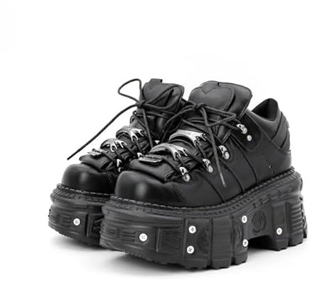 Chaussures de style punk, chaussures de style rock, U-Double chaussures à plateforme en cuir, à lacets, semelle en caoutchouc, semelle intérieure rembourrée, doublure en cuir, Noir , 44 EU
