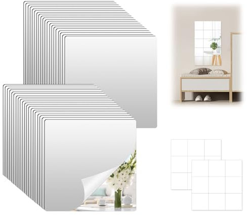 DELAESI Spiegelfolie Selbstklebend 40 Stück Spiegelfliesen Selbstklebend Selbstklebende Spiegel Kleben Spiegel zum Kleben für Wand Deko Schrank Badezimmer Wohnzimmer Schlafzimmer (7.5 x 7.5cm)