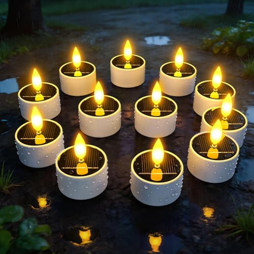 Yme Bougie Solaire LED Extérieur, Lot de 12 Imperméable Fausse Bougies à LED Flamme Vacillante Chauffe Plat LED Rechargeable Bougie Decorative Electrique pour Jardin Patio Fête Chambre Décoration