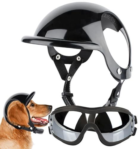 Gafas de sol para perros, gafas de sol y casco para mascotas con gafas para perro, gorra de seguridad para mascotas con correa ajustable para montar en motocicleta, equipo de cabeza para caminar para