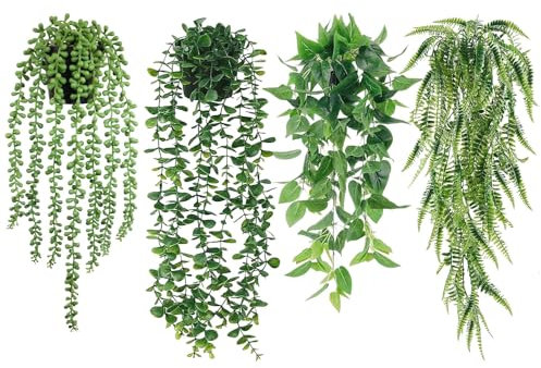 DYUEE 4 PCS Artificial Hanging Plants with Pot, Greenery Faux Fake Ivy Decor, Fake Ivy Potted Plants for Indoor Outdoor Home Decor Wall Room Patio Office Table Shelf