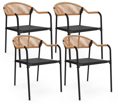 IDMarket - Lot de 4 chaises de Jardin Madeira Cordage rotin Clair et Noir | En métal et textilène