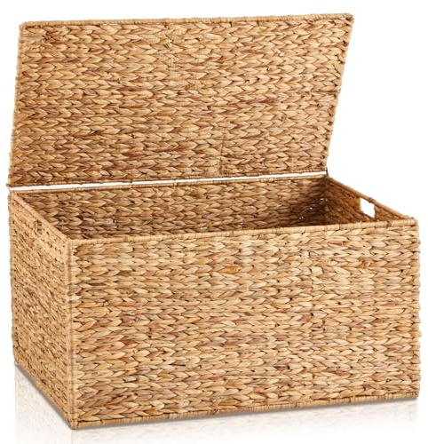 Wonderjune 36 x 20 x 18.5 Inch Water Hyacinth Wicker Storage Trunk with Metal Frame, Heavy Duty Storage Chest with Lid Large Rattan Basket for Blankets, Seasonal Clothes, Extra Bedding (Natural)