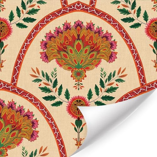 HLNIUC Bohemia Flower Wallpaper(17”X118”) Boho Flora Peel and Stick Wallpaper Vintage Removable Botanical Contact Wallpapers Mid-century Large Carnation Adhesive Room Paper for Bedroom Cabinet