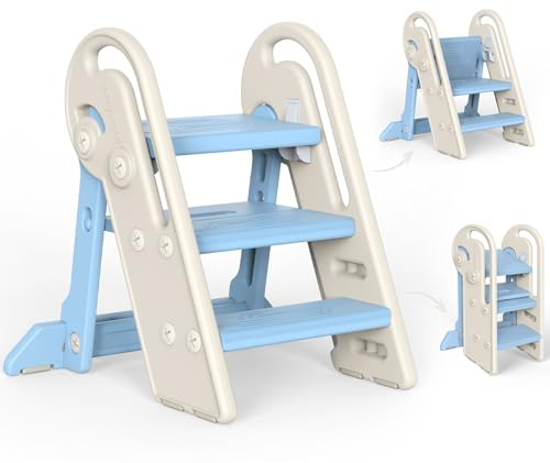 Onasti Toddler Step Stool with Handles, Adjustable Kids Stool Converts from 3-Step to 2-Step, Non-Slip and Anti-Tip Design for Safer Potty Training, Bathroom Sink and Kitchen Counter- Blue
