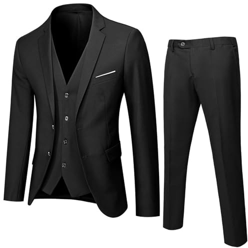 Traje de hombre de 2 piezas, conjunto de blazer de ajuste delgado con dos botones, chaqueta, chaleco y pantalones para boda, fiesta, negocios, Negro, XL