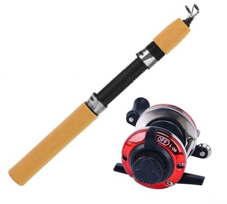 Shophubio Carbon Fiber Ice Fishing Rod For Combo with Red Ice Reel - 60/80/100cm Telescopic Portable Ice Fishing Kit, Woodgrain Finish Sensitive Rod Set(B-80cm Fishing Rod Ice fishing rod set)