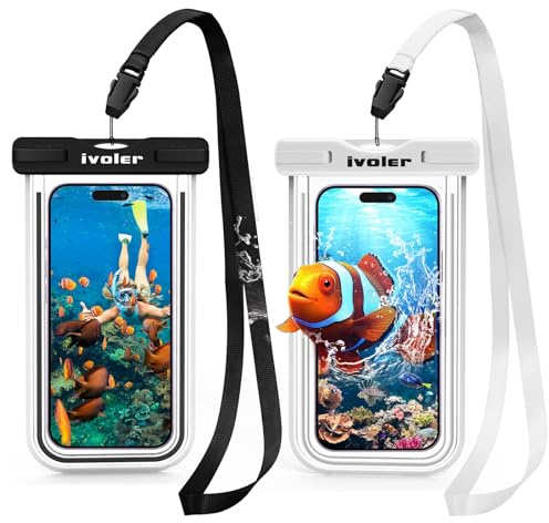 ivoler [IPX8 Certificado [2 Unidades] Funda Bolsa Móvil Impermeable Universal para Xiaomi, iPhone, Samsung Galaxy, Huawei, Smartphones, Monedas, Pasaporte, etc. (Negro+Blanco)