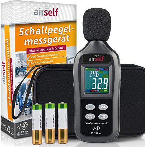 Schallpegelmessgerät digital mit buntem LC-Display, 35-135 dB(A), Schallpegelmesser, inkl. Thermometer, Windschutz und Schutzhülle