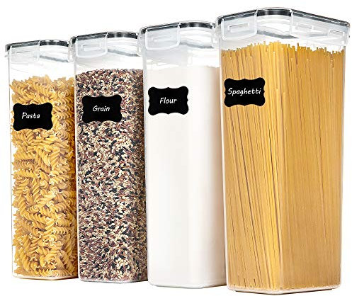 Vtopmart 2.8L Vorratsdosen Set, Müsli Schüttdose & Frischhaltedosen, BPA frei Kunststoff luftdicht,Trockenfutterbehälter, Satz mit 4, 24 Etiketten für Getreide, Mehl, Zucker usw (Schwarz)