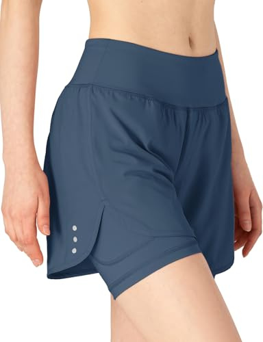 donhobo 2-in-1-Laufhose für Damen Schnell trocknend Atmungsaktiv Aktiv-Training Jogging Shorts Yoga Fitness Kurze Hose (Grau blau, L)