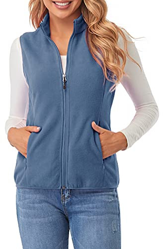 fuinloth Fleece Weste für Damen, Leicht Ärmellose Standkragen mit Reißverschlusstaschen Aschenblau Medium