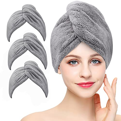 Laicky Paquete de 3 Toallas de Secado de Pelo de Microfibra, superabsorbente, Turbante de torsión, Secado rápido, con Botones, para el baño, para el salón, Sombrero seco, Rojo, Blanco, Morado