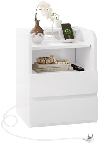 Feonase Bedside Table with Charging Station, Bedside Cabinet with 2 Drawers & Open Storage Shelf, Nightstand for Living Room, Morden Bed Side Table for Bedroom, White