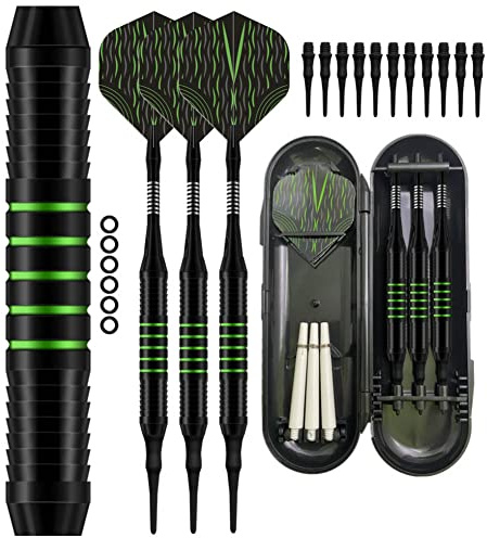 BAOZOON Plastic Tip Darts Set - Soft Tip Darts for Electronic Dart Board - Aluminum Shafts with O'rings, Extra Dart Wing + Dart Shaft + Dart Barrel + Spare Rod,Green