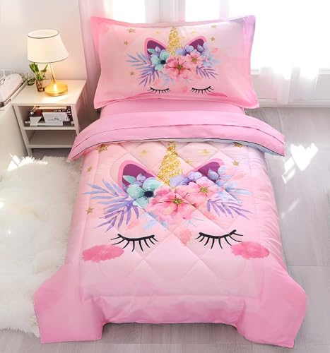 KINBEDY Parure de lit 4 pièces Licorne pour Filles - Motif Floral Rose - Parure de lit pour bébé Fille - Comprend Couette, Drap Plat, Drap-Housse, taie d'oreiller