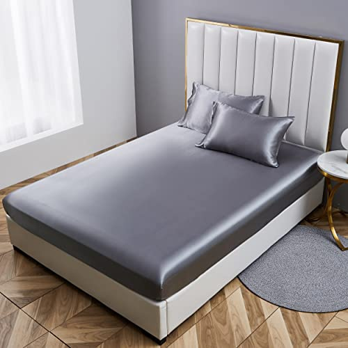 Damier Spannbettlaken 180x200cm Grau Dunkelgrau Anthrazit Satin Seide Glänzend Bettlaken Hochwertiges Deluxe Unifarben Spannbetttuch, Geeignet für Matratzen bis 30cm