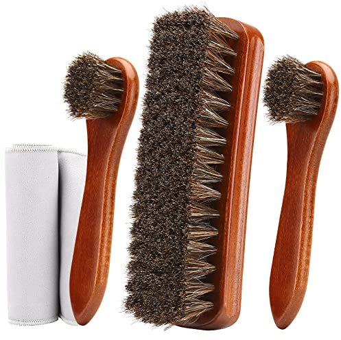 Unekez 4-Piece Horsehair Shoe Brush Shine Kit, Shoe Polish Kit, Leather Shoes Boot Cleaning Brush Care Clean Dauber Applicators