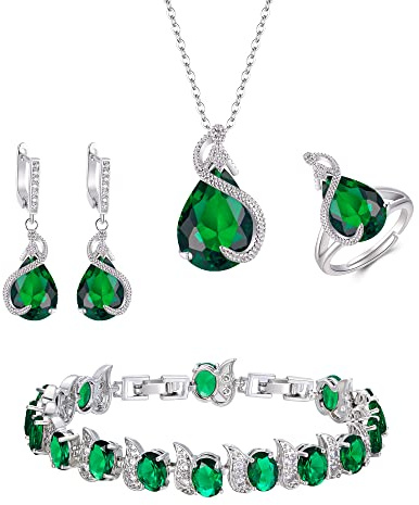 EVER FAITH Bridal Goccia Zirconia cubica Set di gioielli per la sposa damigella, Smeraldo Birthstone Pendant Necklace Earrings Tennis Bracciale Aperto Ring for Women Verde Argento fondo